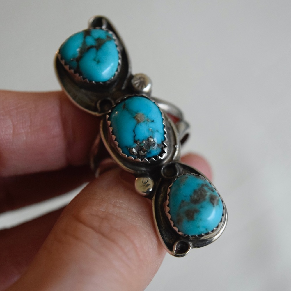 Vintage Size 7 Morenci Turquoise Pyrite Triple Stone Long Ring Sterling Silver - Picture 6 of 7